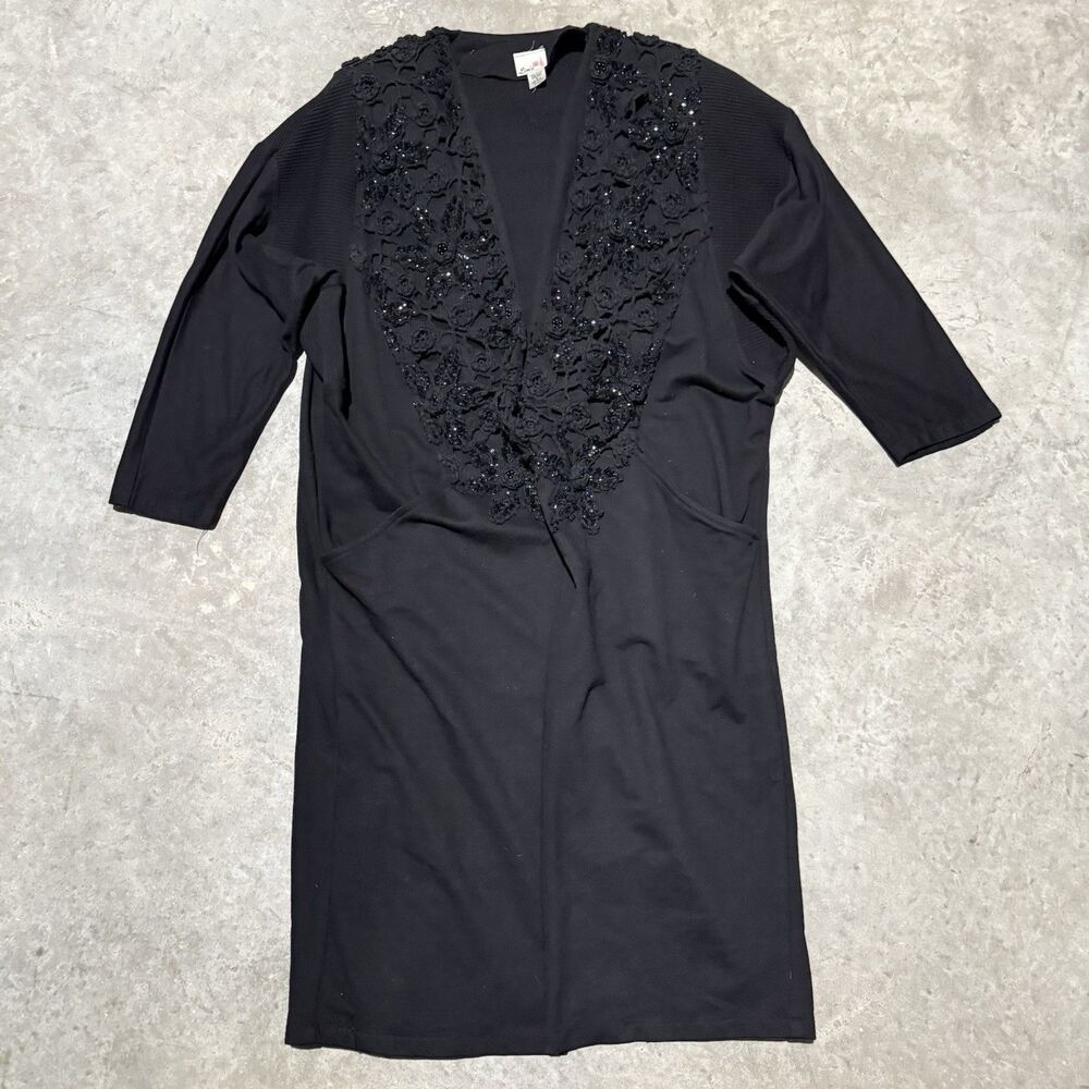 Vintage Lims Sweater Women Black  Crochet Sequin Duster Open Vented Cotton USA